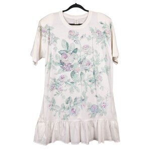 90s Floral Shirt Dress One Size L XL White Green Purple Ruffled Hem Puff Paint